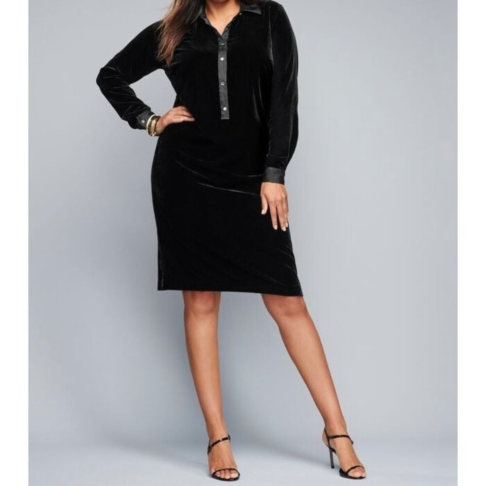 Talbots Womens Velvet Popover Shirtdress Shift Dress Black Long Sleeves size S